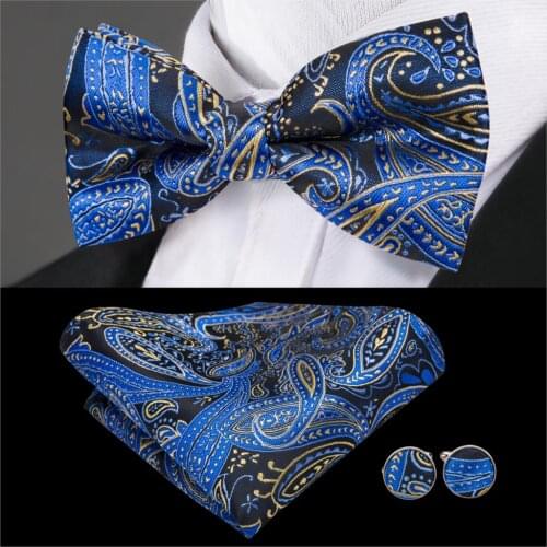 Barry.Wang Blue Bowtie Men Silk Bowtie Floral Butterfly Tie Paisley Bow Set Handkerchief Cufflinks Pre-Tied Bowtie for Wedding