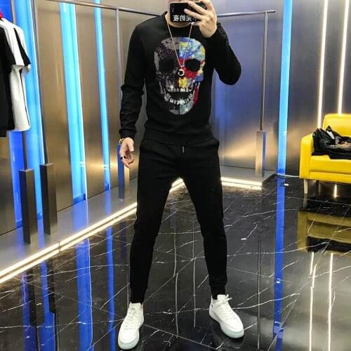 Winter Oversized Mens Tracksuit Loose Hot Rhinestone Camouflage Skull Sets Pullover Sweatshirt