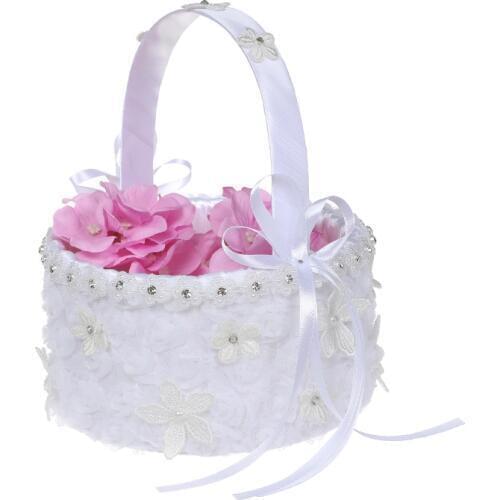 Wedding Flower Girl Basket with Flowes Pearls Satin Ribbons Bow Rhinestone Party Basket Gift Wedding Decorations