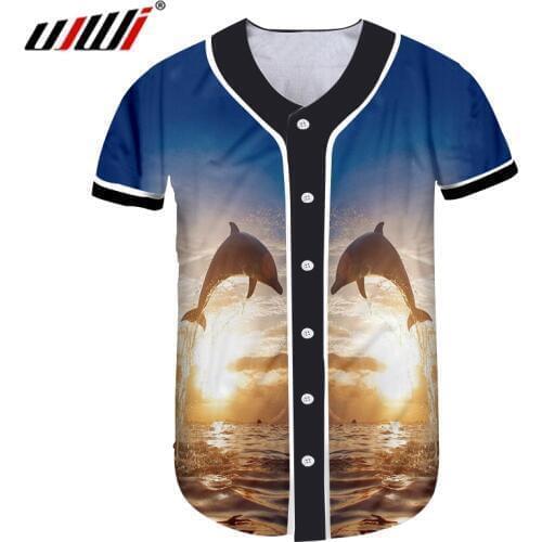 UJWI Animal Theme Mens Baseball Shirt 3D Printed Dolphin T-shirt Wholesale Man Large Size Leisure Tshirt 5XL Direct Selling