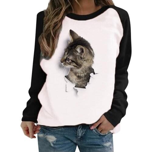 Spring And Autumn Warm Womens Casual Sexy Pullover Cat Print Sweatshirt Long Sleeve Sweatshirt Streetwear Top Jumper Clothes