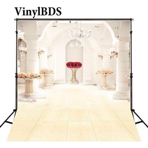 VinylBDS Backdrops Wedding Backdrop Chandelier and Red Flowers Background Soild Brick Floor White Ornate Pillars Photo