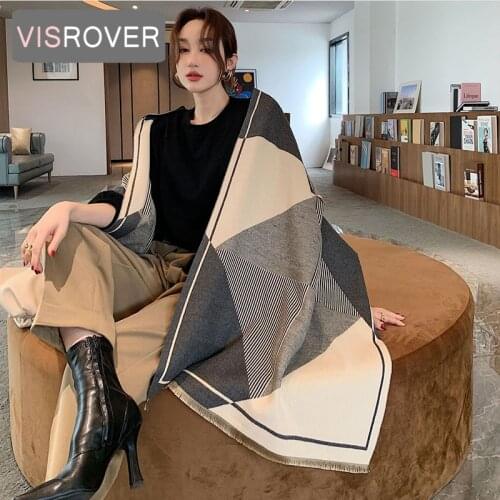 VISROVER luxury brand woman winter scarf fashion female shawls cashmere handfeeling winter wraps Stripe weave winter hijab scarf
