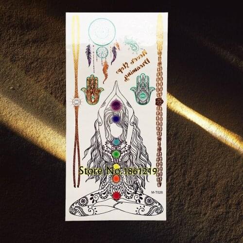 Henna Temporary Tattoo Yoga Girl Gem Diamonds Hamsa Designs Fake Waterproof Metallic Water Transfer Tattoo Chains Jewel Stickers