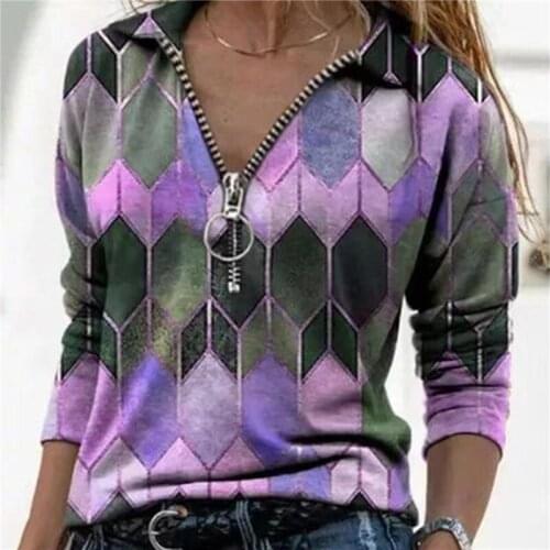 2021 New Women Shirts Casual Long Sleeve Pullover Shirt Geometric Print Zipper Front Lapel Collar Ladies Blouse