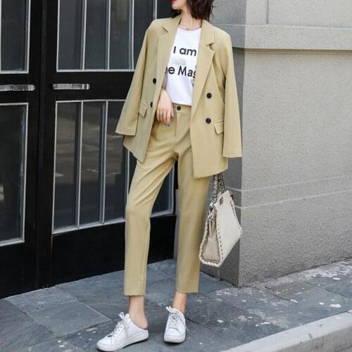 New Spring Autumn Blazer + Pant Suits Two Peice Set Women Double Breasted Suit Jacket High Waist Pencil Pants
