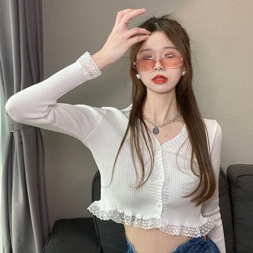 Summer Autumn Thin Lace Long Sleeve Crop Cardigans For Women Sweet Harajuku Streetwear Slim Knitting Outwear Ladies Knitted Top