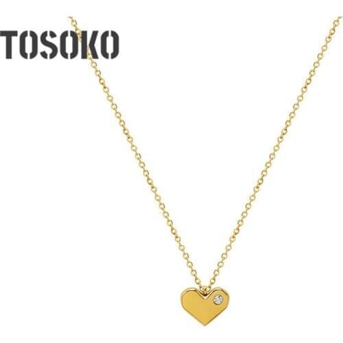 TOSOKO Stainless Steel Jewelry Peach Heart Love Zircon Necklace Feminine Clavicle Chain BSP944