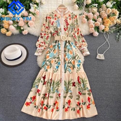 Vintage Dress Women Fashion Flowers Print Stand collar Long Sleeve Maxi Dress Female Spring High Waist Loose Dresses With Belt