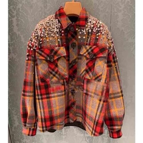 Winter 2021 Women Autumn Jacket Wool Plaid Shirt Jacket Shoulder Rhinestones High-quality Sequins Shining Short Coat