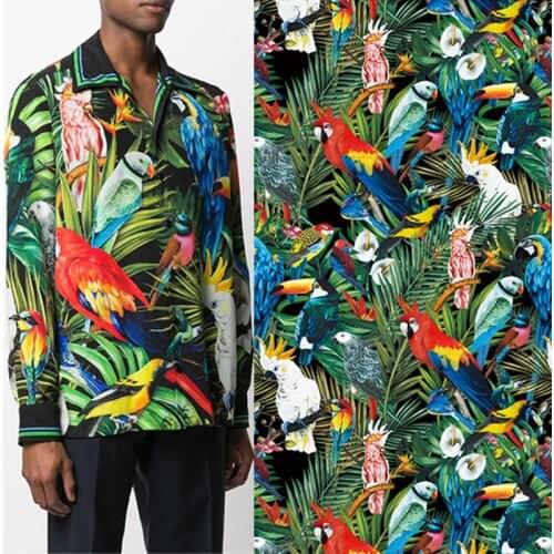 145cm Width Tropical jungle parrot Imitation Silk Satin Fabric For Woman Summer Dress Blouse Tissu Tela Хлопок материал DIY