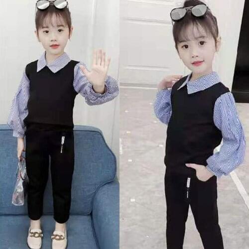 For 3T-12 Yrs Baby Girl Clothes Outfits Casual Fashion Spring Autumn Fake Vest T-shirt And Long Pant 2Pieces Girl Clothes Set