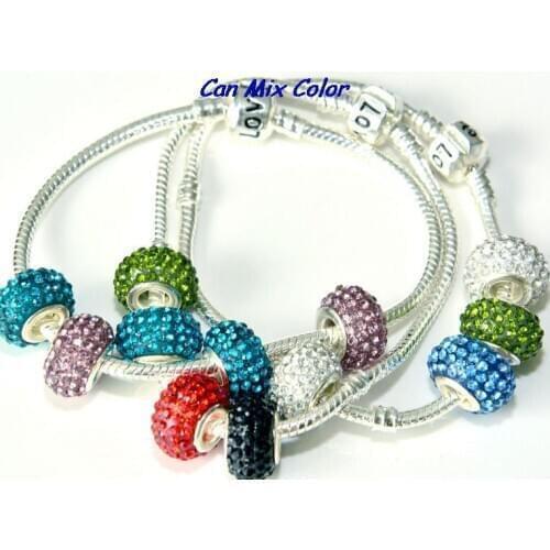 U5ale Mixed 14mm x10mm Silver Plated Core Big Hole European Beads Resin Charm Bracelets Rhinestone crystal