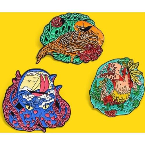 Cute Bird Parrot Octopus Enamel Pins Flying Animal Nestling Crane Love Colorful pattern Brooch Lapel Jewelry Gift for Kids