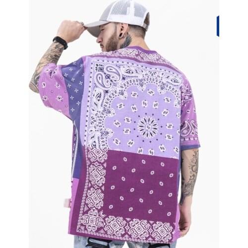 Mens clothing spring summer new Japanese tide card splicing cashew flower wash water gradient dyeing short sleeve T-shirt man