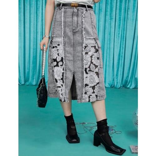IRINACH440 Spring Summer 2021 Original Design New Arrivals Vintage High Waist Jacquard Patchwork Denim Skirt Women