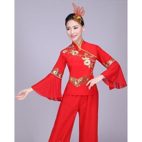Chinese style, Hanfu, Yangko clothing costumes, female fan dance square dance clothes, Chinese folk dance costume for woman