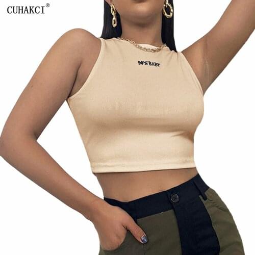 CUHAKCI Summer Vest Tank Pure Color Crop Tops Casual Sexy Letter Embroidered Short Slim Sleeveless Cotton White Tees Street
