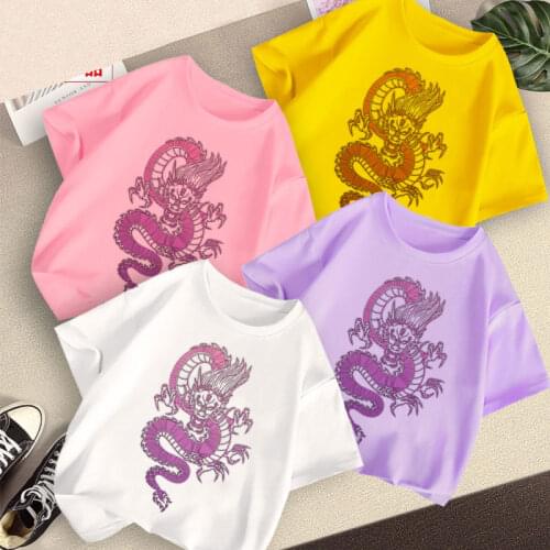 Summer Street Casual Clothing Children Girls Boys Tops T-Shirt Harajuku Retro Chinese Dragon Print Short-Sleeved Round Neck New