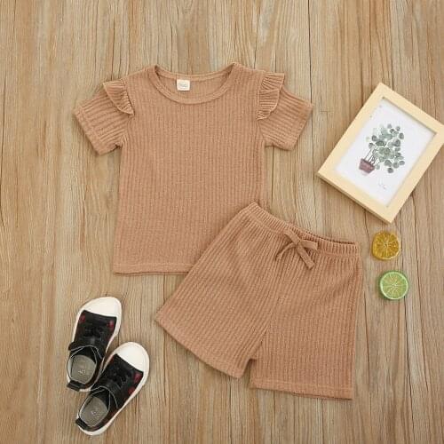 Fashion New Children Girl’s Summer Clothes Set Ribbed Knitted Fresh Solid Color Fly Sleeve and Elastic Shorts2PCS Girls Suit