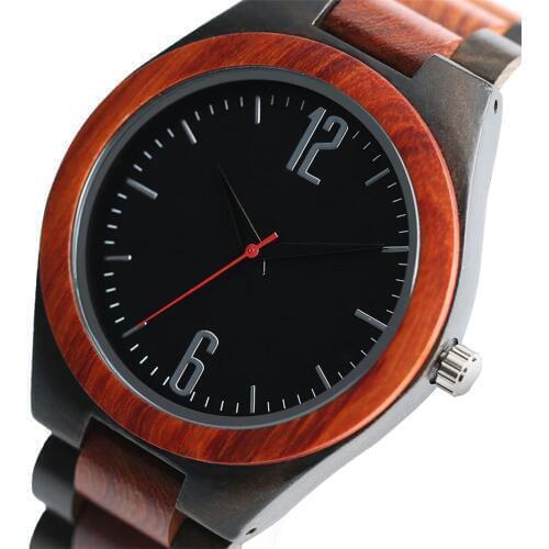 New Fashion Ebony Red Wooden Men Watch Quartz Movement Wood Bangle Watch Band Luxury Mens Casual Watch reloj masculino