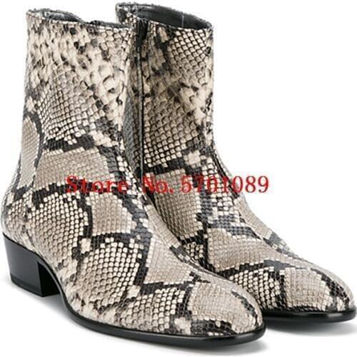 Mans Western Cowboy Ankle Boots Zipper Buckle Cuban Heels Snakeskin Print Kanye West Wyatt Ankle Boots Chelsea New Shoes