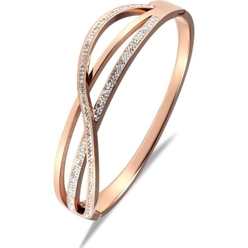 New Arrival Hot 316 Stainless Steel Rose Gold Crystals Spring Bangle Bracelets Nickel Free Jewelry for Women Lover Gift