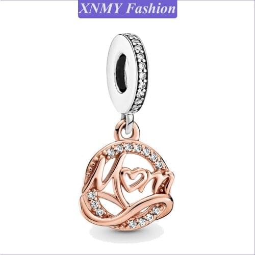 XNMY New Mom Gift Rose Gold Color Two-tone Mom Mum Dangle Charm Pendant fit Pandora Bracelet Necklace Diy Jewelry Making