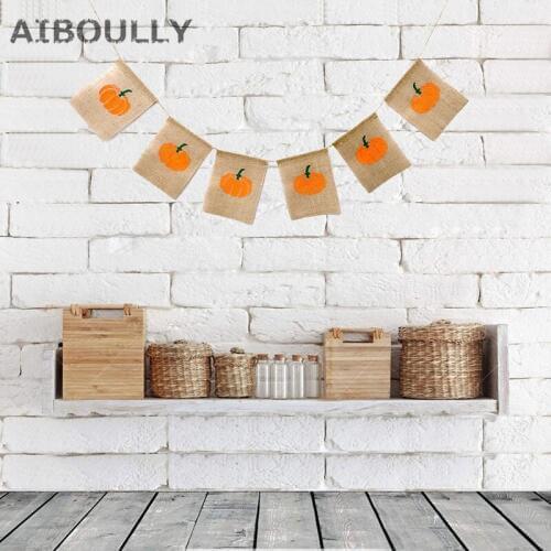 6 Flags Burlap Banner Burlap Flags Hanging Linen Flags Pumpkin for Halloween Party Holiday Kids Decoration 2 meters long
