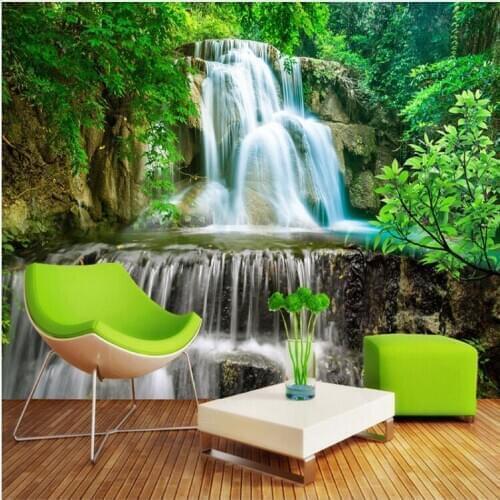Custom Wall Mural Photo Wall Paper 3D Green Forest Waterfall Natural Landscape Painting Non-woven Straw Textured Wallpaper Mural