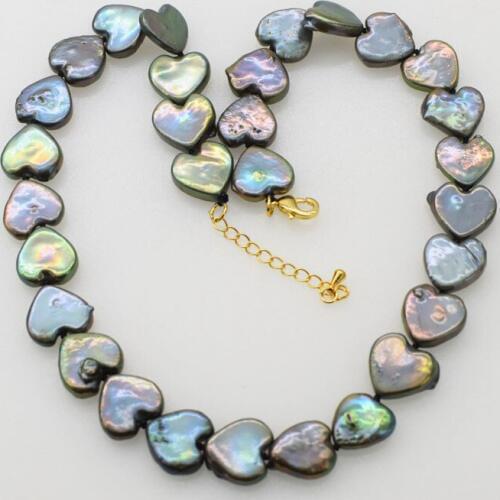 Freshwater pearl green black heart 14mm necklace 17inch FPPJ wholesale beads nature