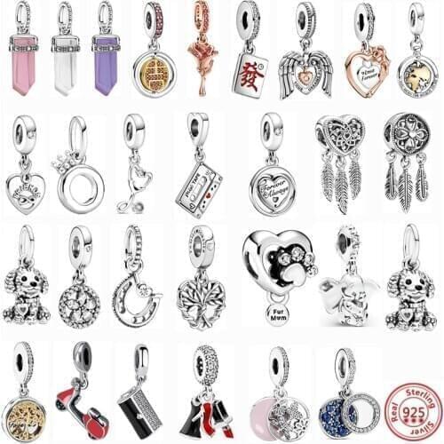 925 Silver Love Forever Open Heart Rose Flowers Feather Wing Spinning Dangle Beads Fit Original Pandora Charms Bracelets Jewelry