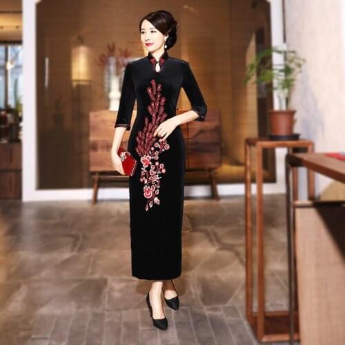 Sheng Coco Vintage Elegant Long Qipao Peacock Flowers Velour Embroidered Cheongsam Ladies Traditional Chinese Dresses Shanghai