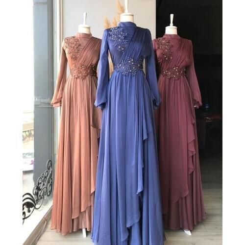 Chiffon Appliques Long Sleeve Muslim Prom Dress A Line Beaded Saudi Arabic Evening Formal Party Gowns платье robe de soirée