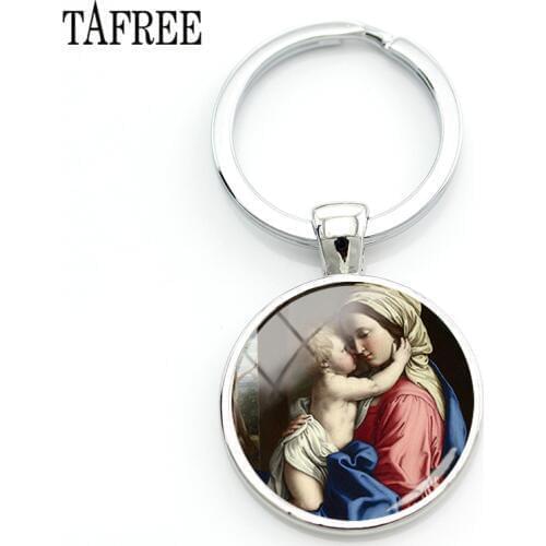 TAFREE Vintage Virgin Mary of children Christian keychain Classic Oil Painting Glass Cabochon key chains rings holder MY03