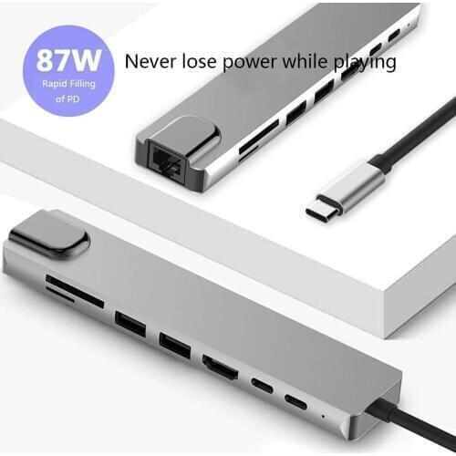 8 in 1 USB-C Hub Aluminum Alloy Multiports HD 2 USB 3.0 Adapter PD Charging SD &TF Card Reader RJ45 for Laptop Notebook