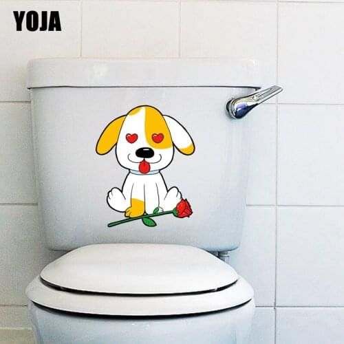 YOJA 19.2*23.7CM Cartoon Dog With Flower BedRoom Home Decor Wall Sticker Toilet Decal T3-0720
