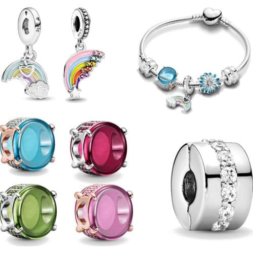 New 925 Sterling Silver Rainbow Colorful Charm bead Fit Original Pandora Bracelet DIY Jewelry For Women