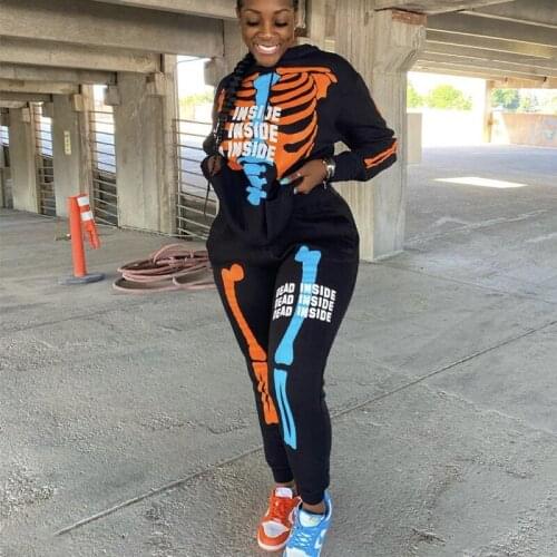 Gothic Skull Print Black Tracksuits Women Two Piece Set Graphic Hoodies Pants Suits 2021New Streetwear Plus Size Fashion Clothes