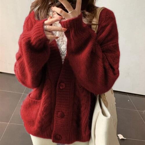 Oversized Women Cardigan Sweater Spring Autumn Long Sleeve Knitted Cardigan Outwear Lantern Sleeve Coat for Women Jumper Top