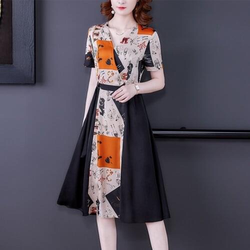 Summer Elegant 4XL Plus Size Mulberry Silk Beach Dress 2021 Vintage Casual Print Satin Midi Dress Women Bodycon Party Vestidos