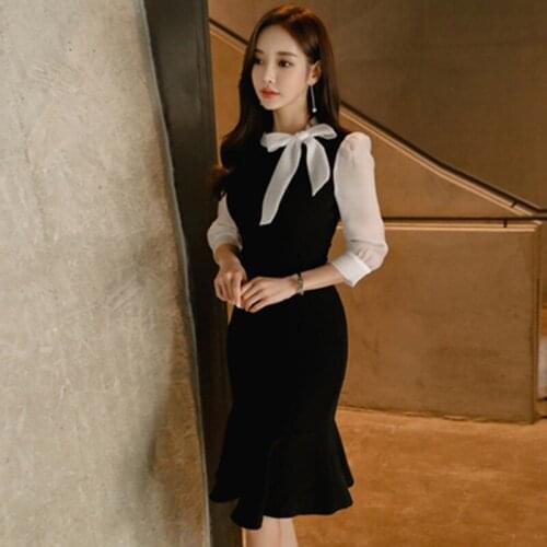2021 Spring Summer High Quality Women Fashion O-collar Bow Stitching Seven-Point Sleeve Temperament Elegant Tight Fishtail Dress