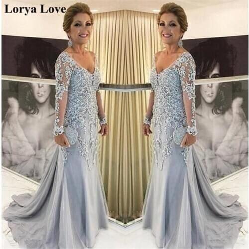 Long Sleeves Light Blue Elegant Lace Evening Dresses 2020 Women Mermaid Party Night Vestidos Gala Sexy Robes Tulle Prom Dress