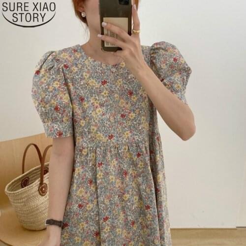 Vintage Dress Plus Size M-3XL Beige Long Floral Pleat Dress Women Summer Round Collar Loose High Waistline Midi Sundress 14539