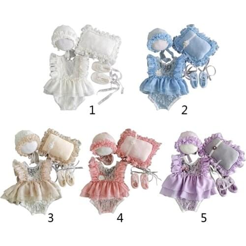 5Pcs Baby Lace Dress+Hat+Pillow+Shorts+Shoes Set Infants Photo Shooting Costume Outfits Newborn Photography Props