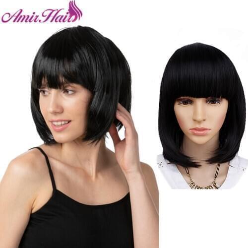 Amir Synthetic 10inch Straight Short Bob Wigs Pink And Green Rose Red Purple Blue Natural Black Daily Use Cosplay Wig