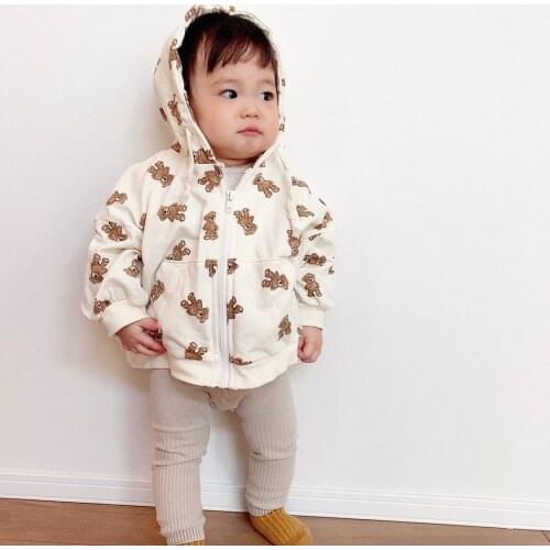 2021 New Autumn Children Coat Cute Cartoon Bear Print Baby Boy Casual Hooded Coat Fashion Girls Children Zipper Jacket 12M-4T