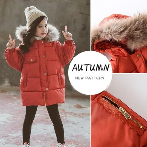 Faux Raccoon Fur Hooded Long Jacket Coat for Girls Boys Zipper Pocket Winter Warm Down Jacket Thick Down Parkas Girl Clothing