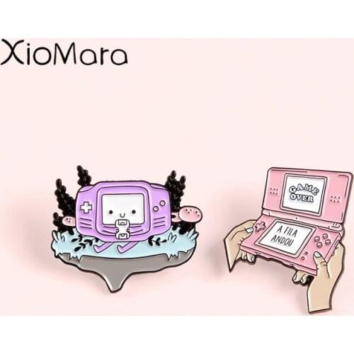 Game Over Handheld Game Console Enamel Pins Kawaii Monster Elfin 90s Gamepad Brooch Denim Shirt Collar Badge Jewelry Lapel Pins