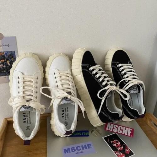 Fashion Black White Sneakers Women Lace Up Platform Chunky Canvas Shoes Casual Wild Korean Espadrilles Trainers Tenis De Mujer